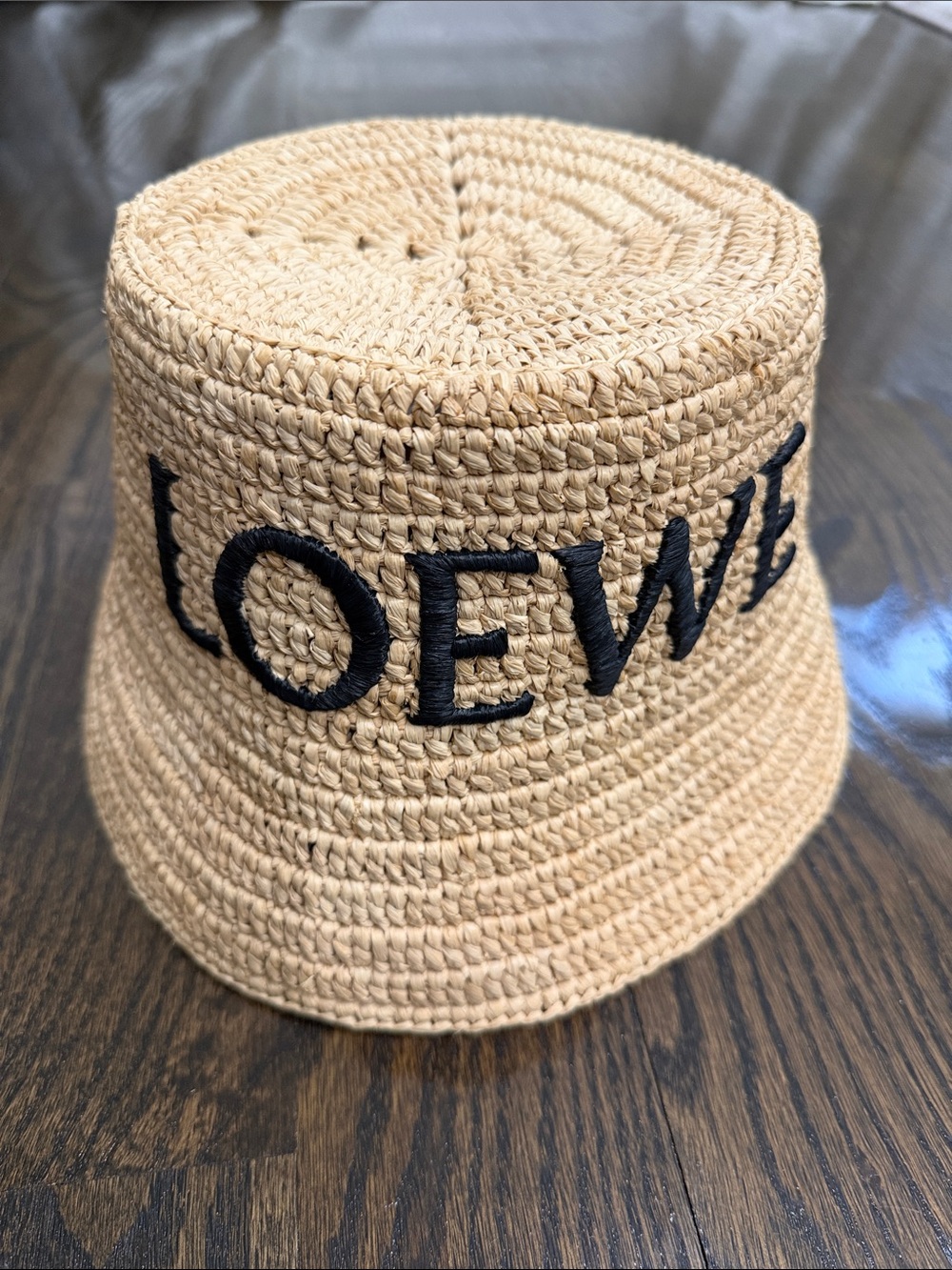 Loewe Beige Straw Bucket Hat with Black Logo Embroidery